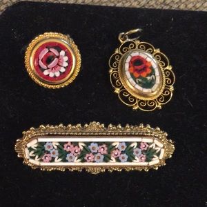 Vintage mosaic adjustable ring, brooch and pendant